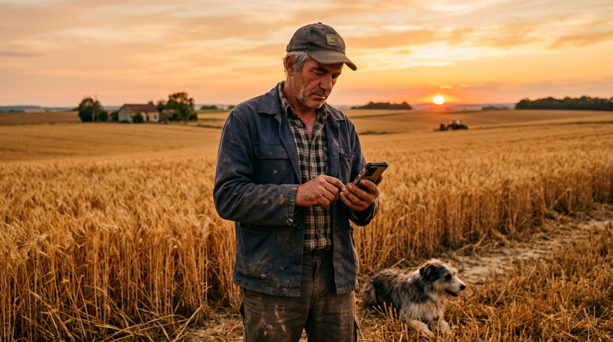 Agriculteur épuisé dans un champ en fin d'automne