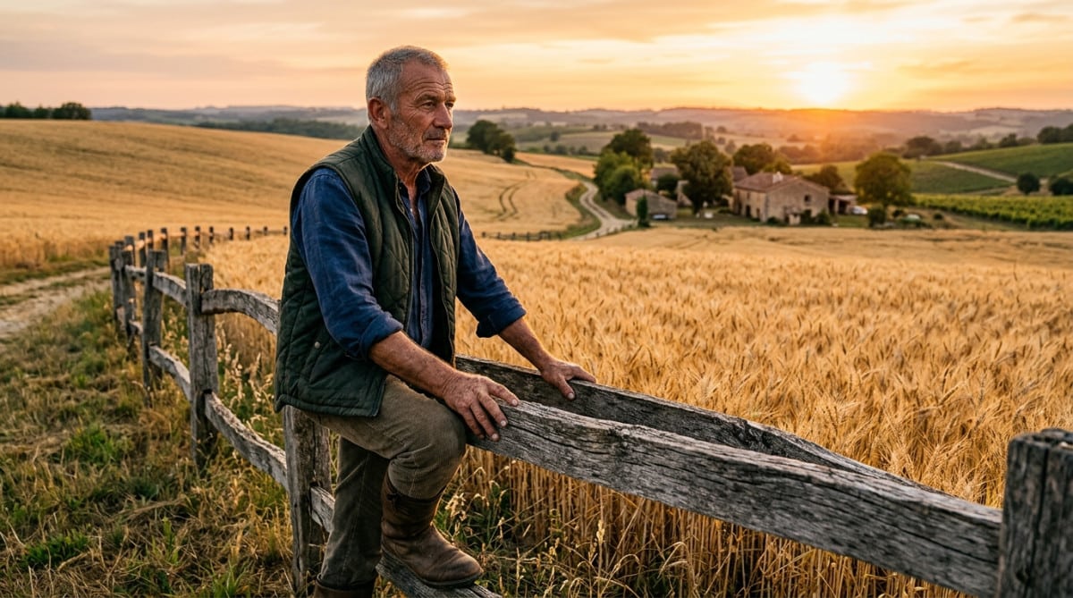 Agriculteur français en fin de carrière au coucher du soleil