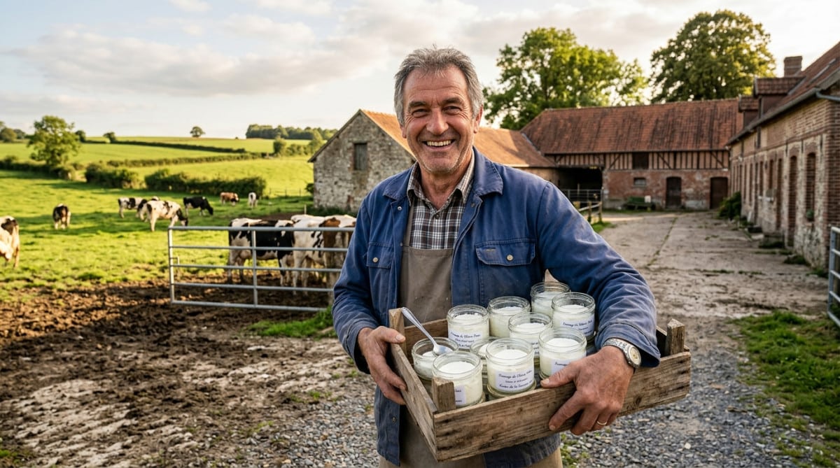 Agriculteur laitier tenant des pots de fromage frais