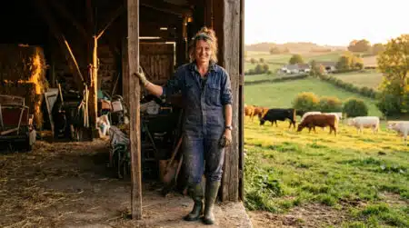 Agricultrice devant sa grange en Charente au coucher du soleil