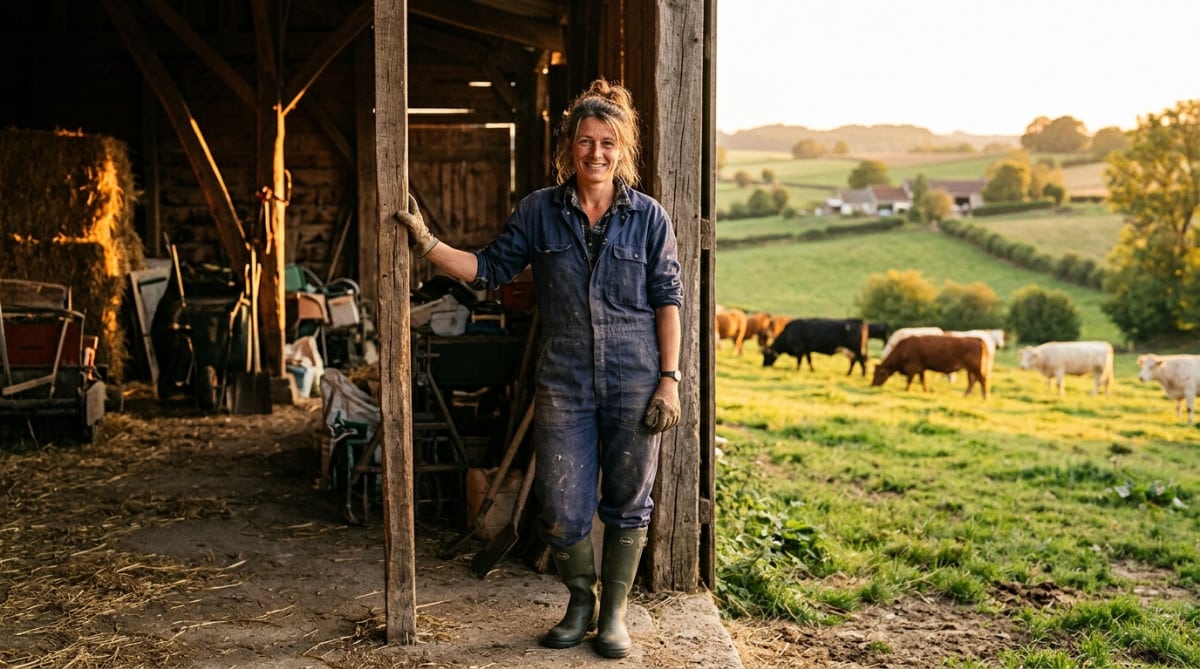 Agricultrice devant sa grange en Charente au coucher du soleil