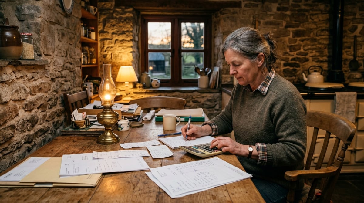 Agricultrice faisant ses comptes à la table de la ferme