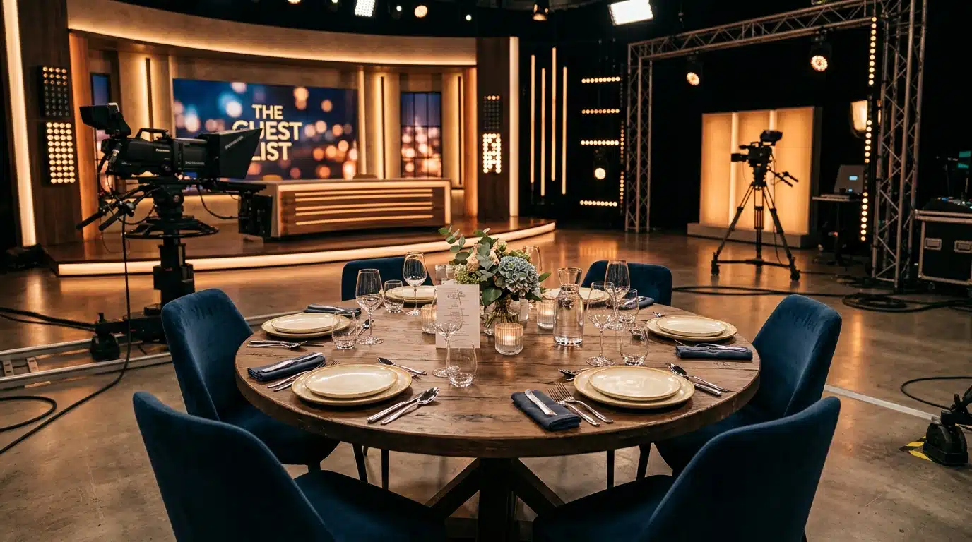 Table de dîner dressée sur un plateau télévisé