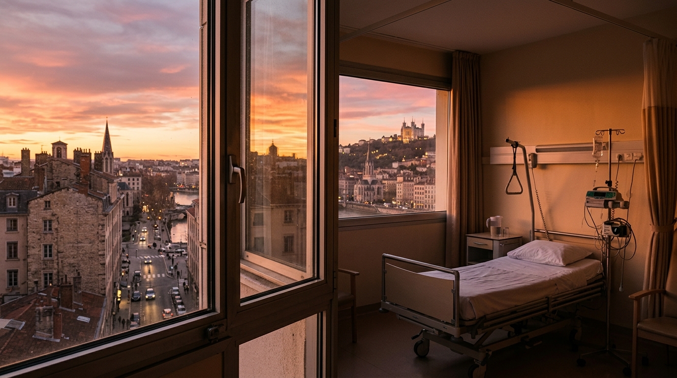 Fenêtre d'hôpital surplombant une ville française au coucher du soleil