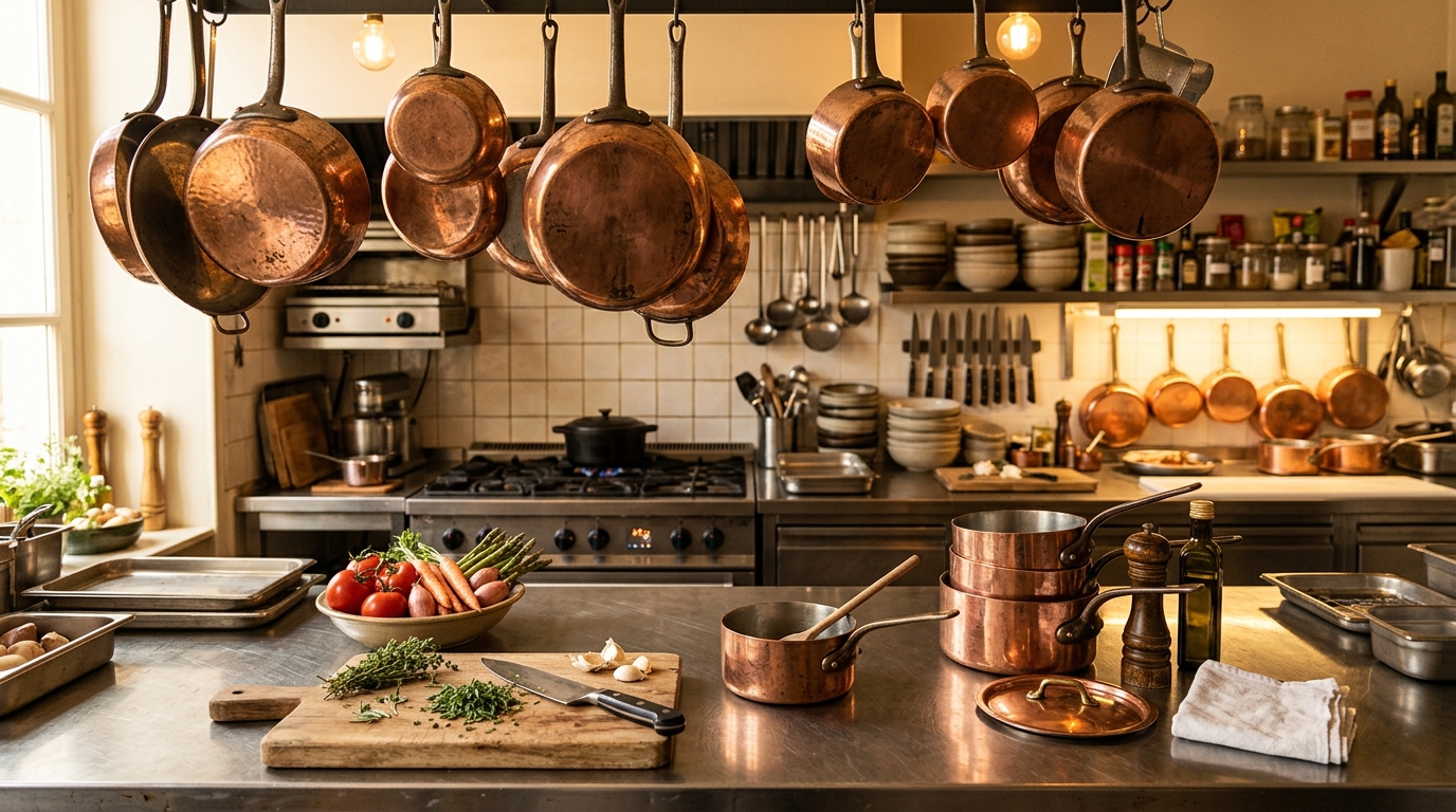 Cuisine professionnelle baignée d'une lumière dorée