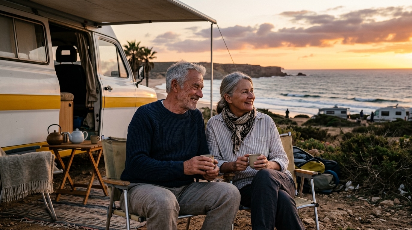 Couple de retraités devant leur camping-car au Maroc