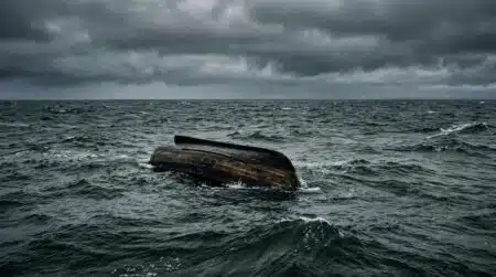 Bateau de pêche renversé dérivant dans la mer de Béring