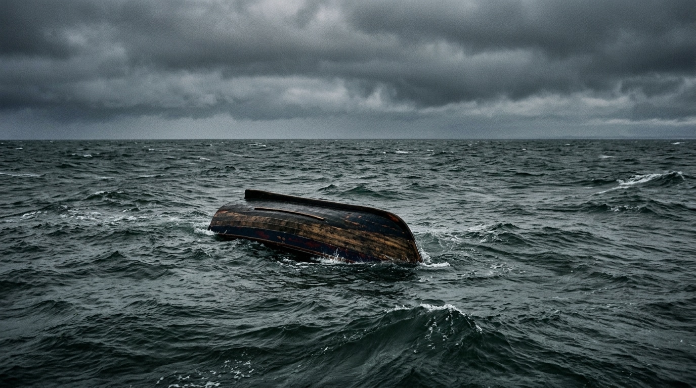 Bateau de pêche renversé dérivant dans la mer de Béring