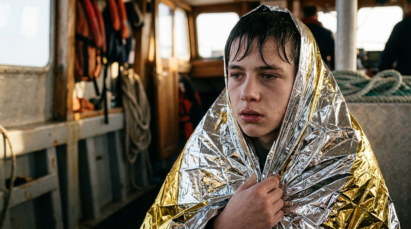 Adolescent enveloppé dans une couverture de survie en mer