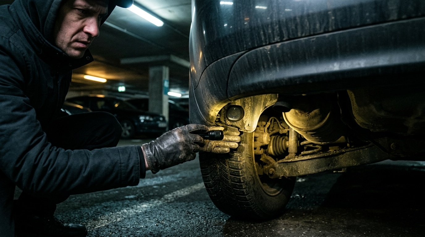 Main inspectant le pare-chocs d'une voiture la nuit
