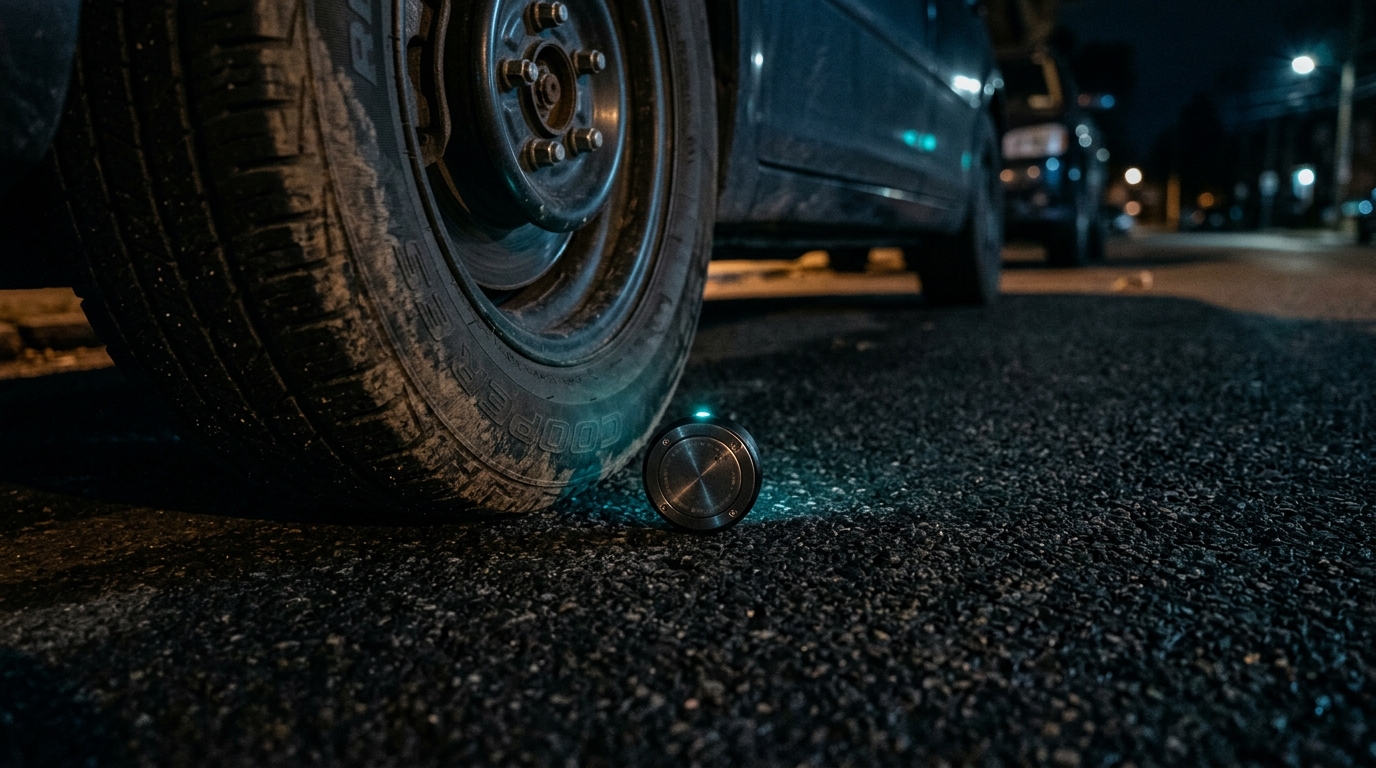 Petit traceur GPS posé près d'un pneu de voiture
