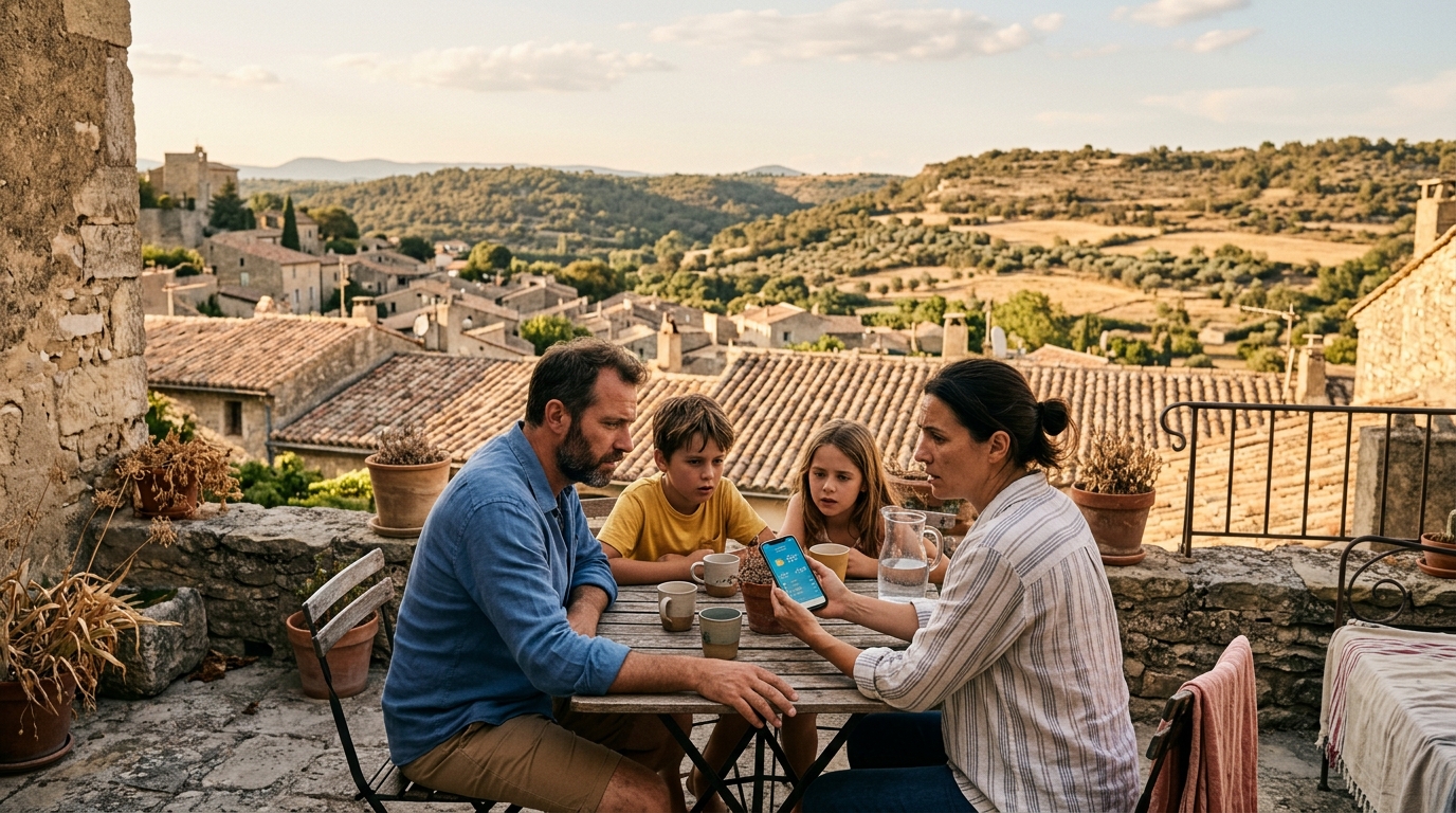 Famille consultant la météo pendant la canicule