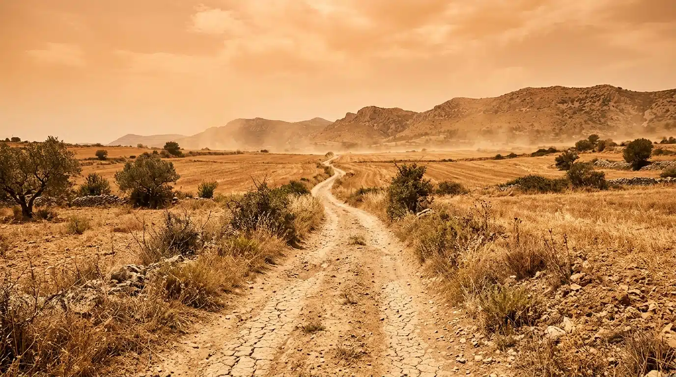 Paysage rural écrasé de chaleur sous ciel orangé