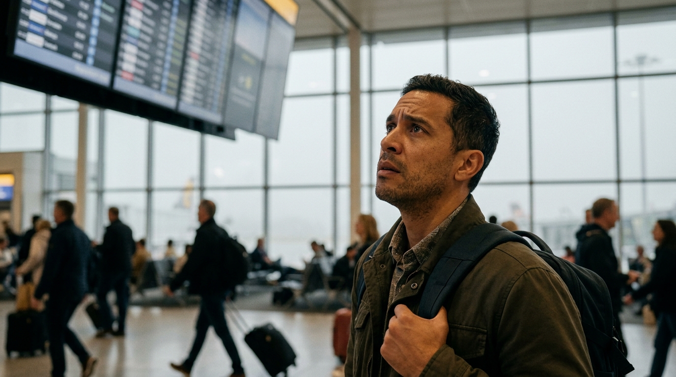 Voyageur inquiet devant un tableau des départs à l'aéroport