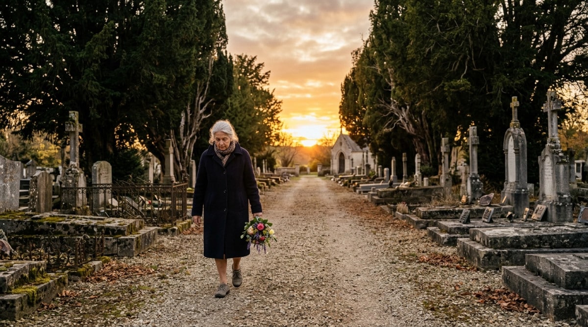 Allée de cimetière français bordée d'ifs centenaires