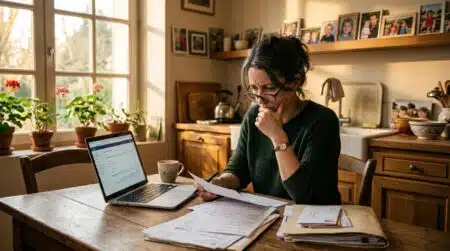 Femme consultant ses relevés bancaires et documents CAF