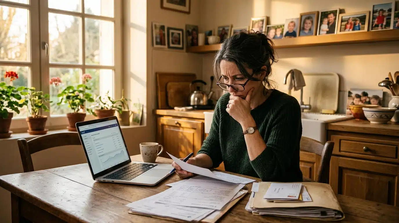 Femme consultant ses relevés bancaires et documents CAF