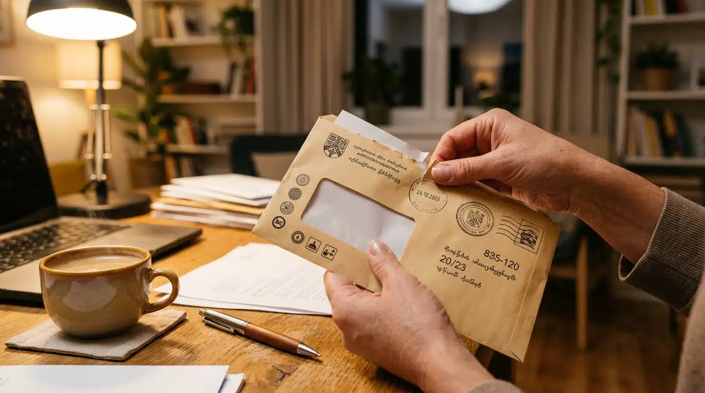 Mains ouvrant un courrier officiel de la CAF