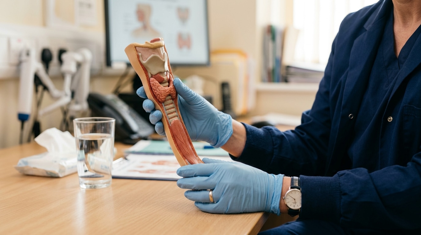 Modèle anatomique de l'œsophage tenu par un médecin