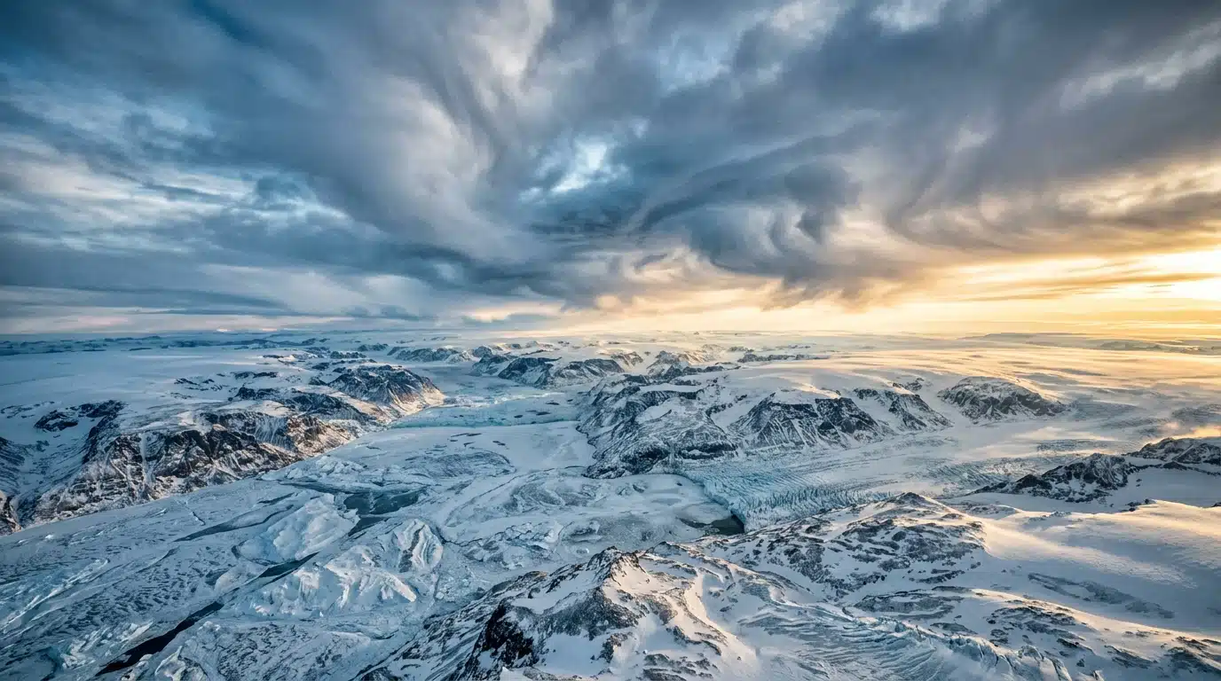 Vue aérienne de paysage arctique glacé et nuages tourbillonnants