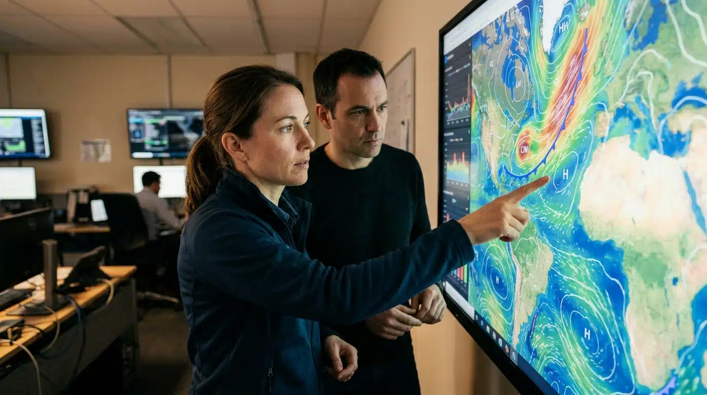 Météorologue analysant des cartes de pression atmosphérique