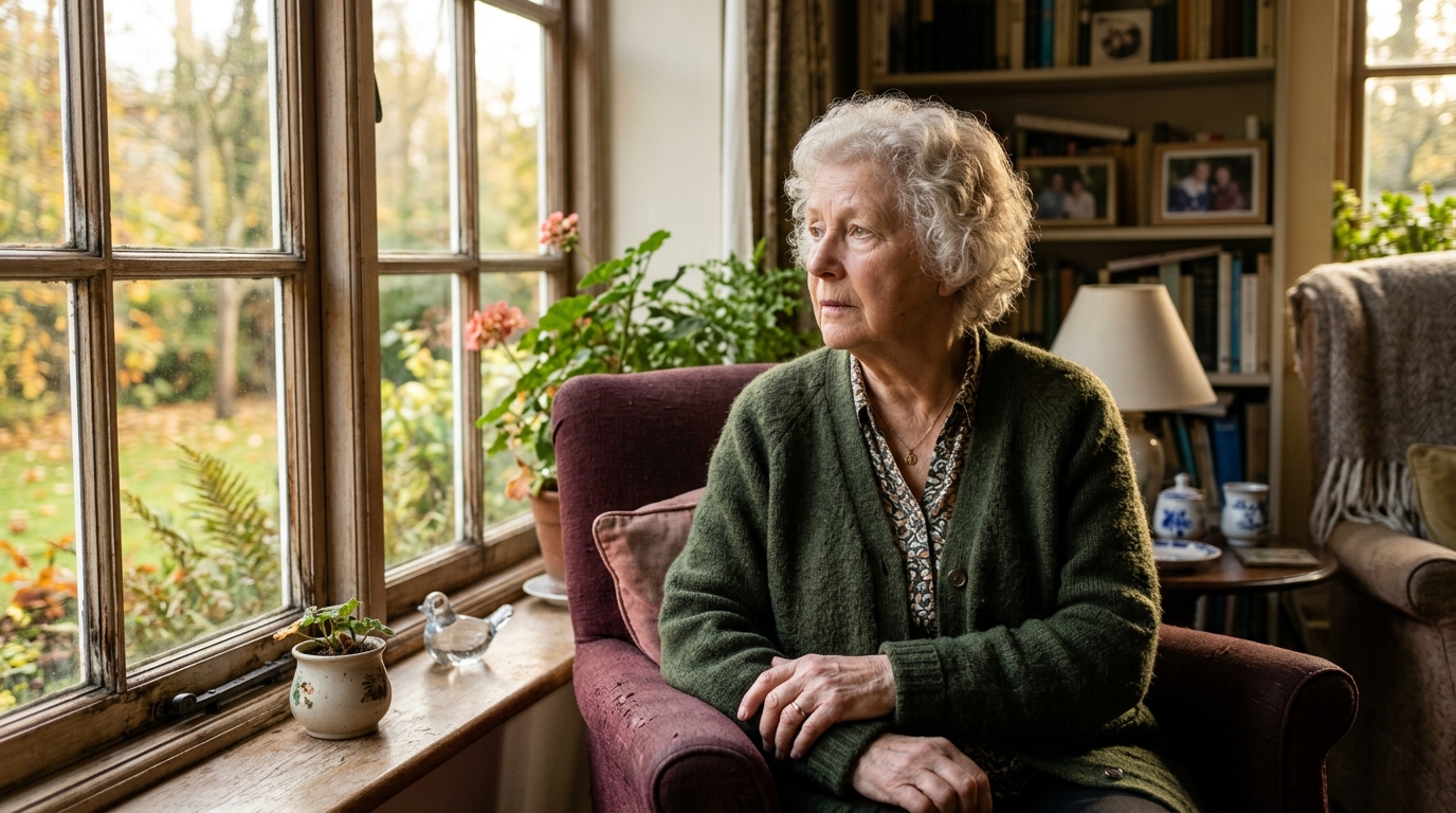 Femme âgée pensive près d'une fenêtre, lumière dorée