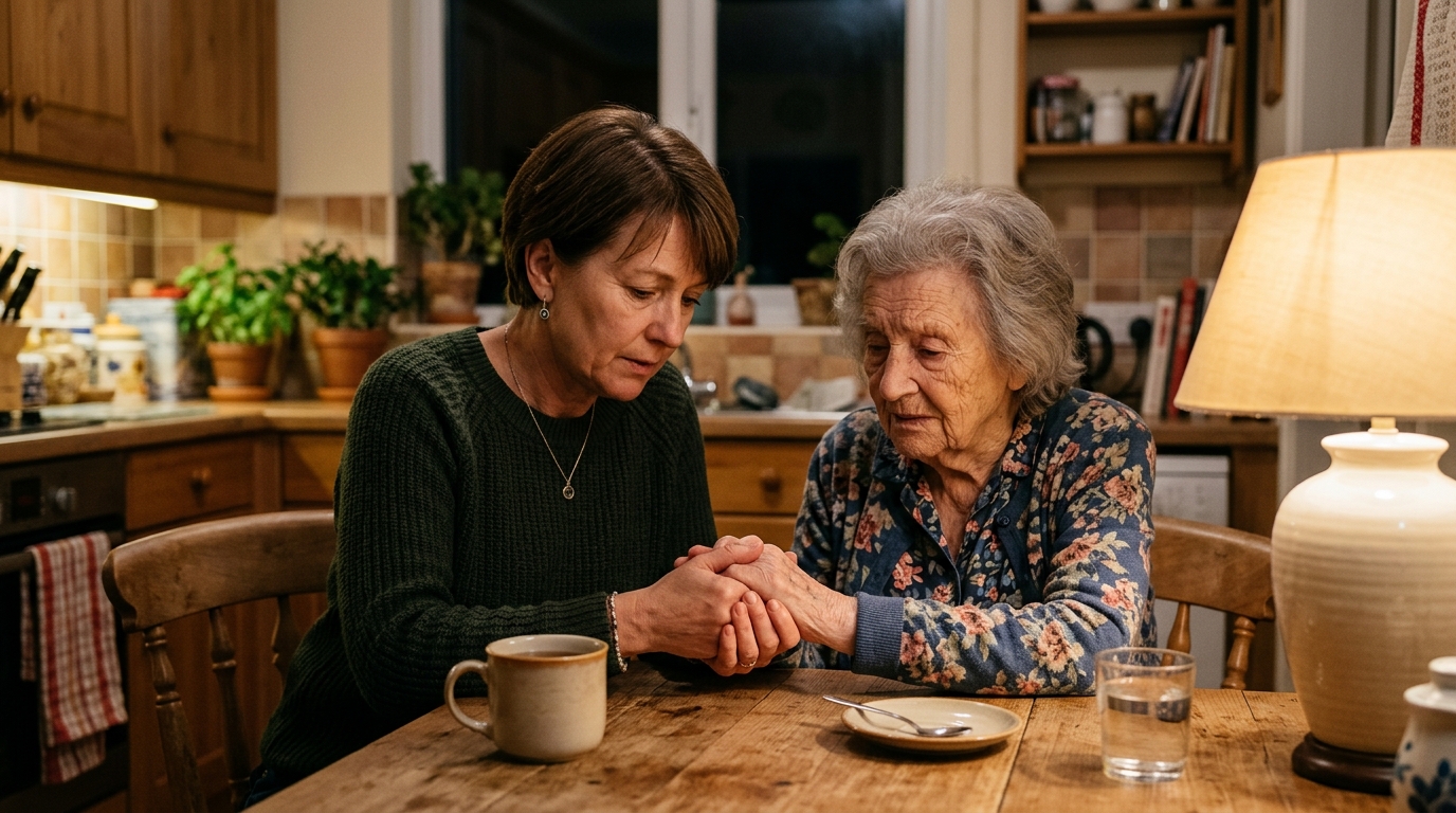 Fille tenant la main de sa mère âgée, moment tendre