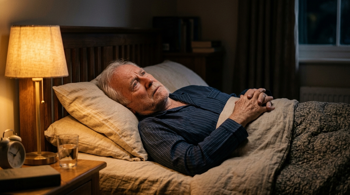 Homme âgé éveillé la nuit dans son lit, lumière tamisée
