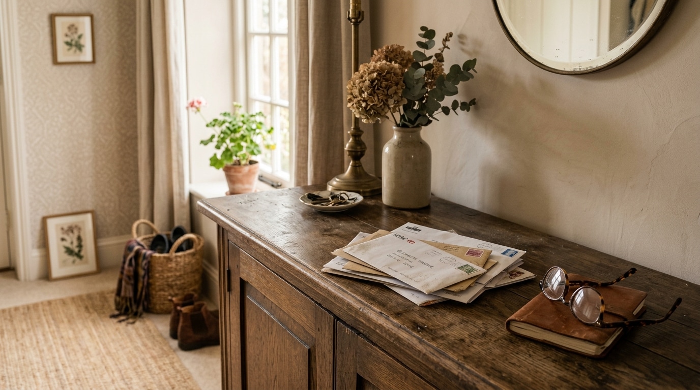 Courrier accumulé sur un buffet d'entrée
