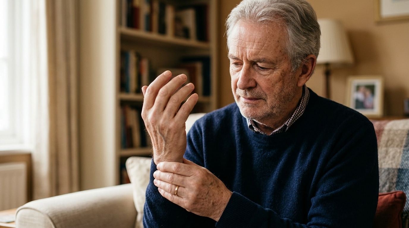 Homme senior se massant le poignet avec inquiétude