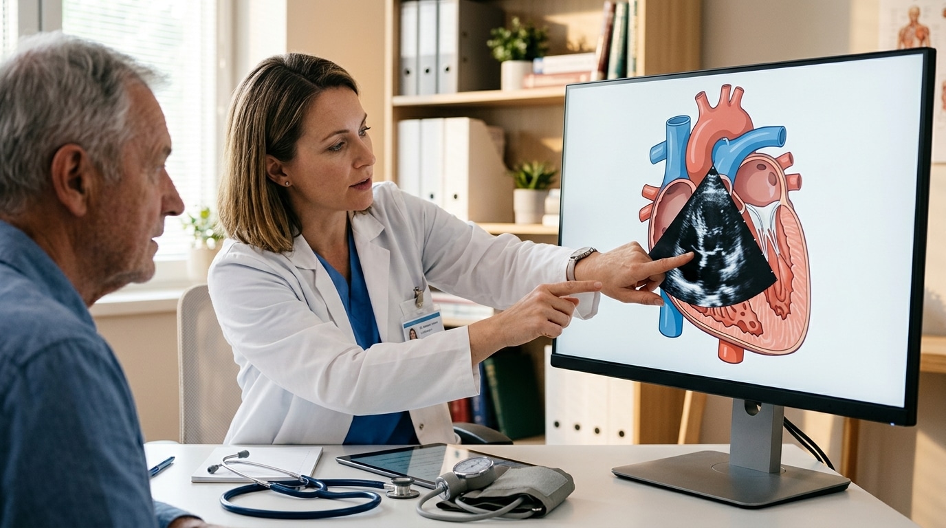 Médecin pointant une échographie cardiaque à l'écran