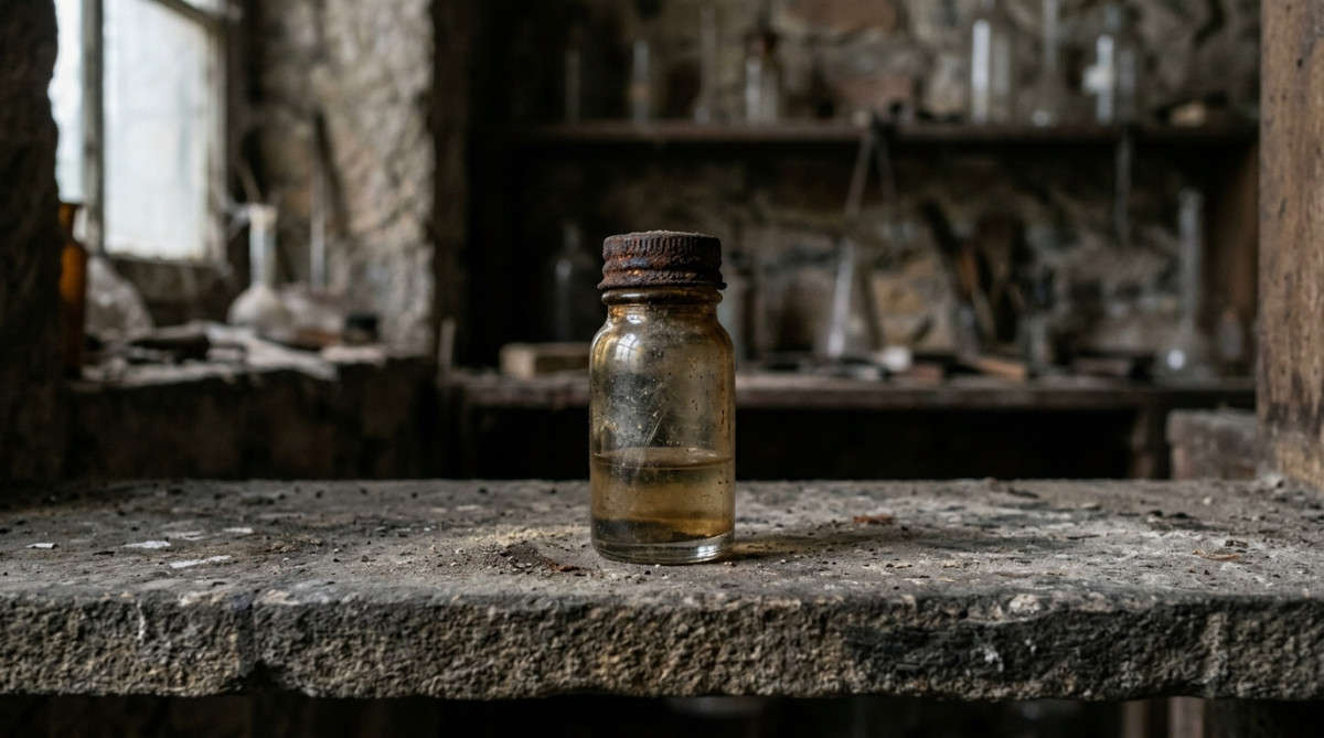 Ancien flacon de laboratoire posé sur étagère en pierre
