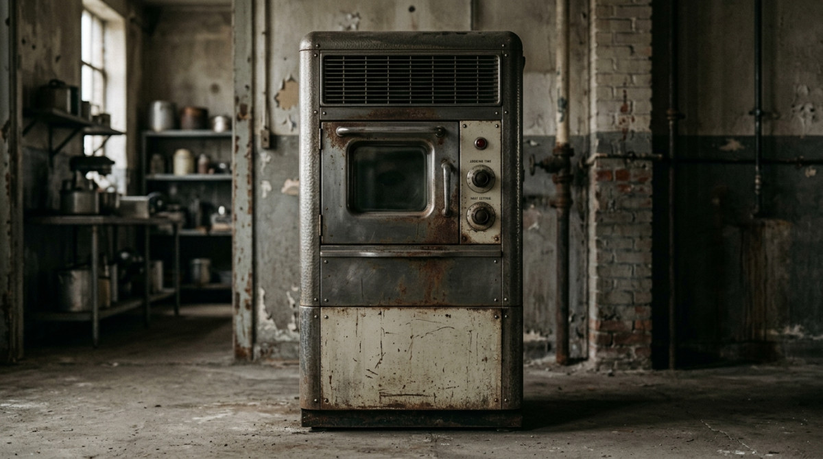Ancien four Radarange métallique dans cuisine industrielle sombre