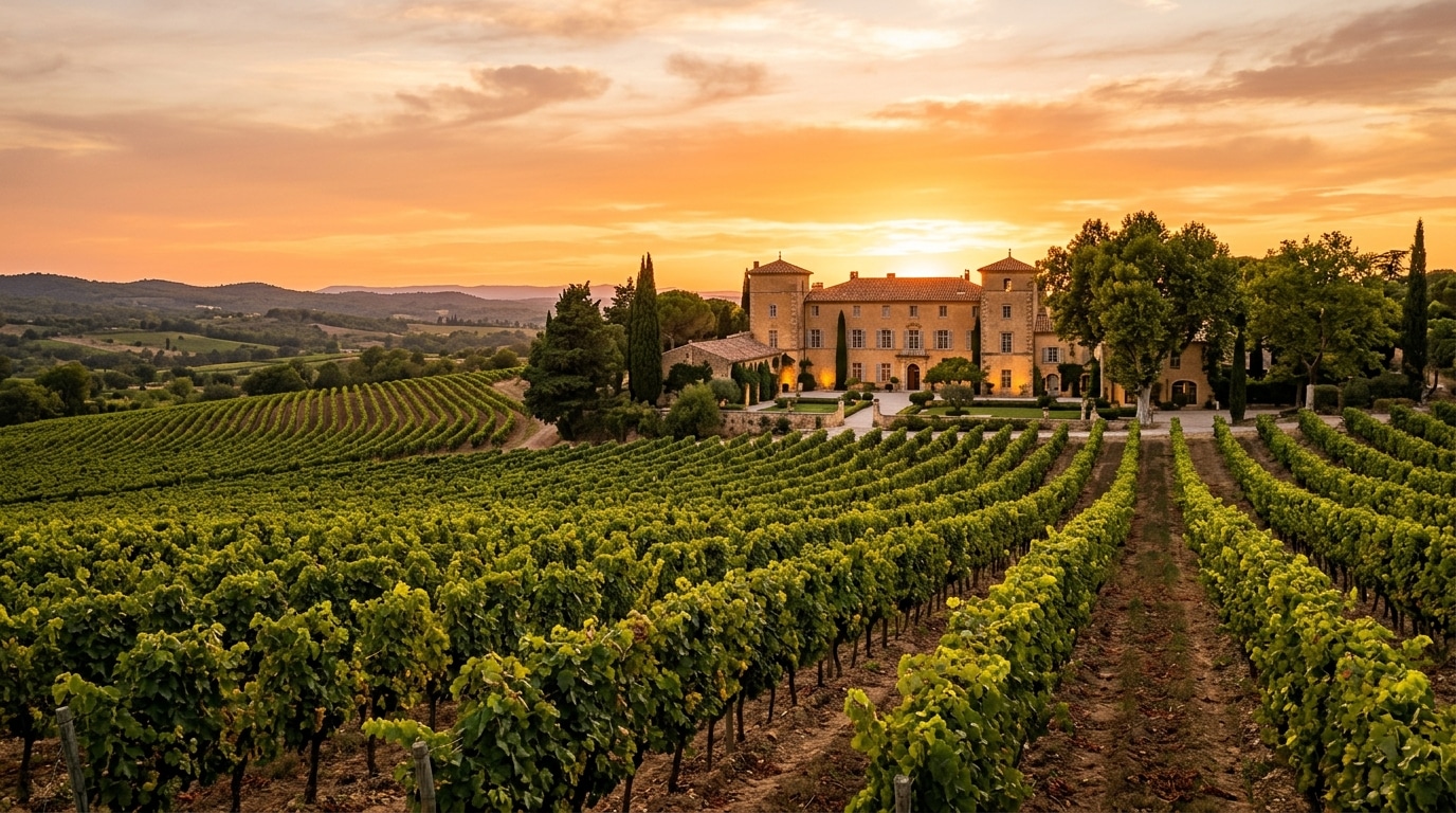 Château viticole de Provence au coucher du soleil
