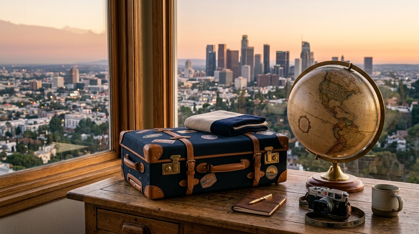 Valise préparée près d'une fenêtre donnant sur Los Angeles