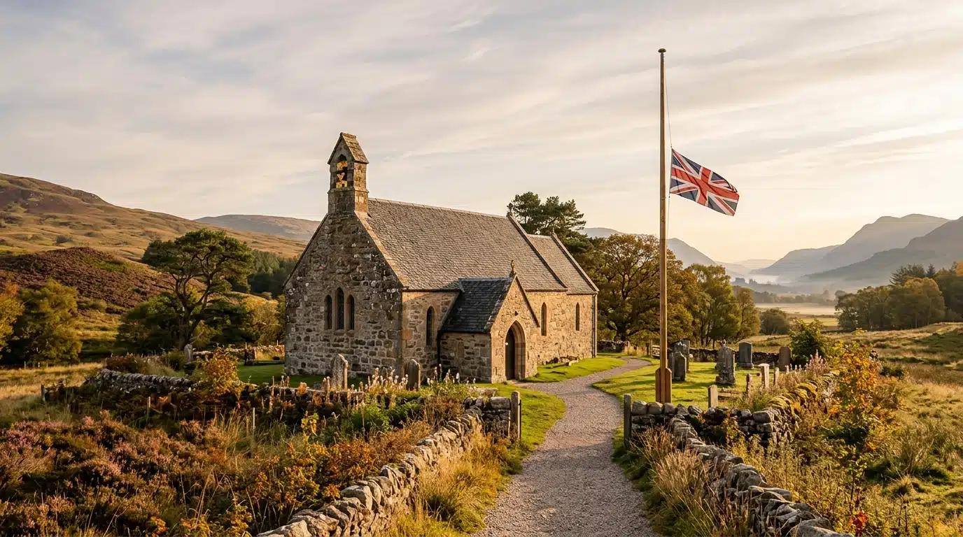 Petite église écossaise avec drapeau en berne