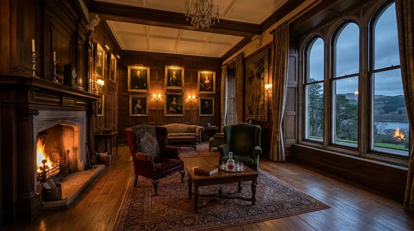 Salon de château avec cheminée et portraits d'époque