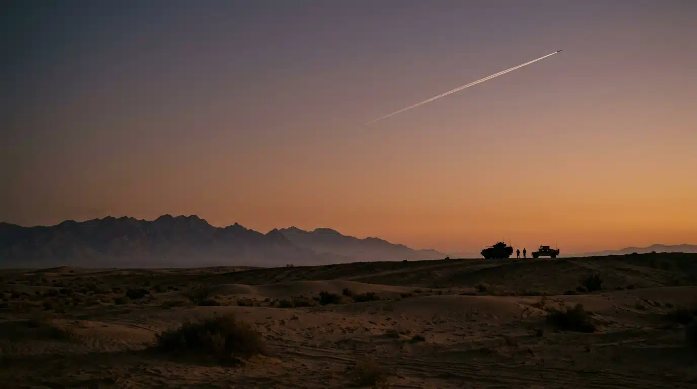 Traînée de missile dans un ciel désertique au crépuscule