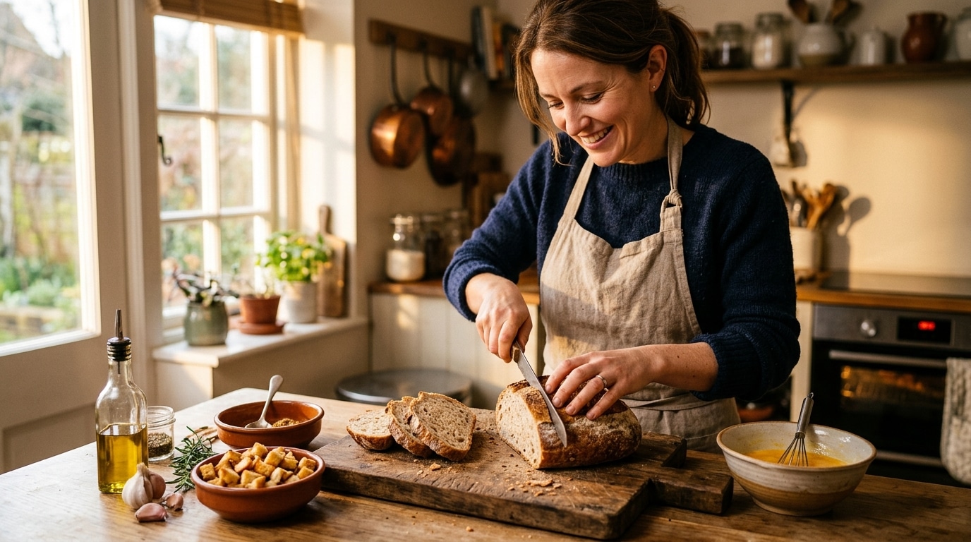 Femme prépare des croûtons avec du pain rassis