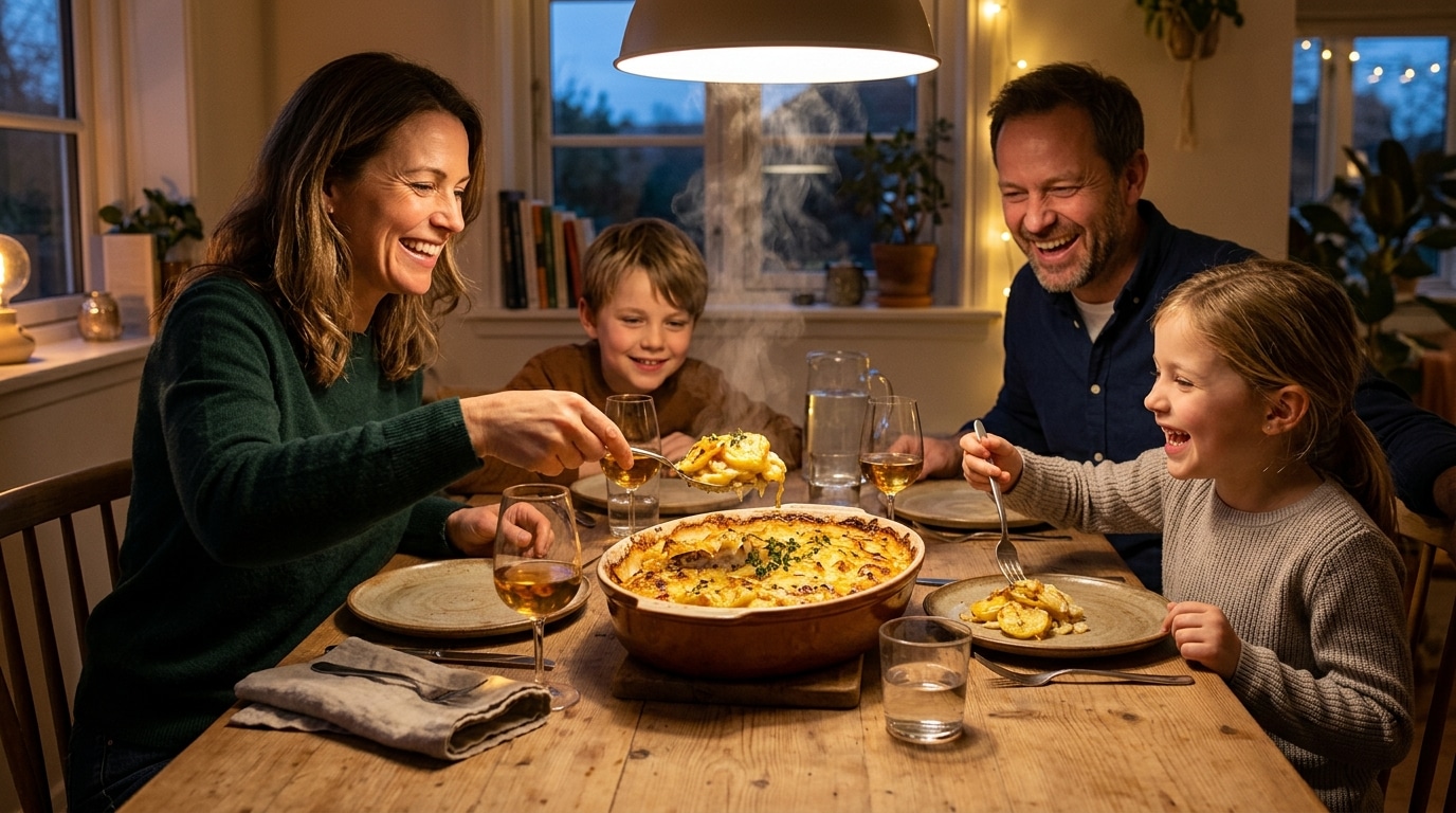 Famille partage un gratin anti-gaspi en fin de mois