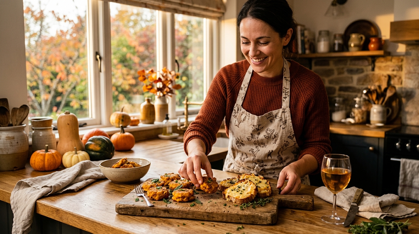 Femme dressant des galettes de courge et toasts fromage