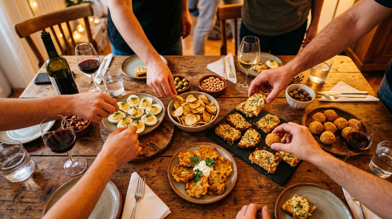 Table d'apéro complète avec cinq bouchées maison économiques