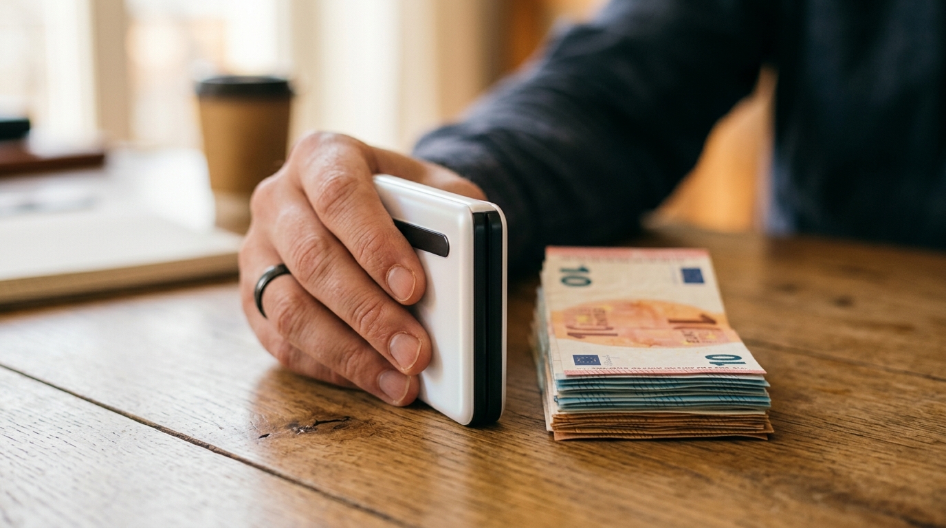 Smartphone pliant fermé à côté de billets en euros