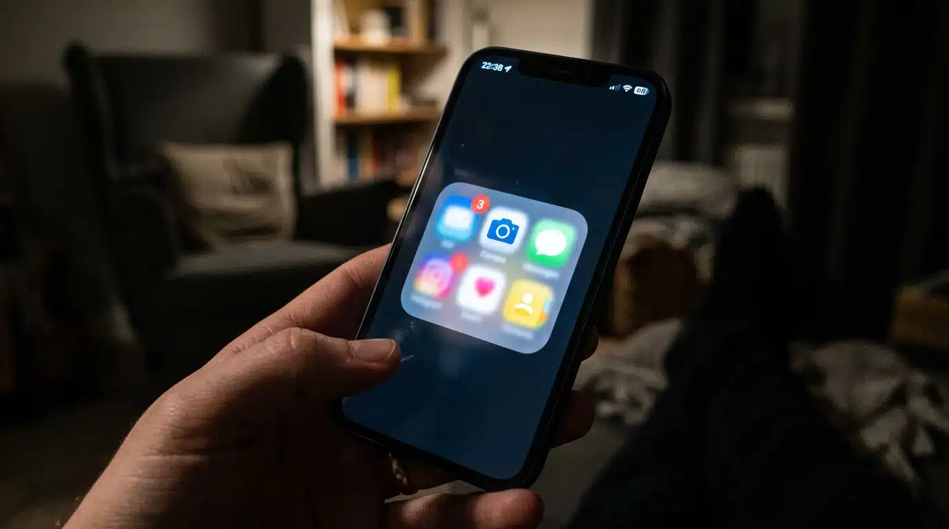 Smartphone illuminé la nuit avec notifications floutées