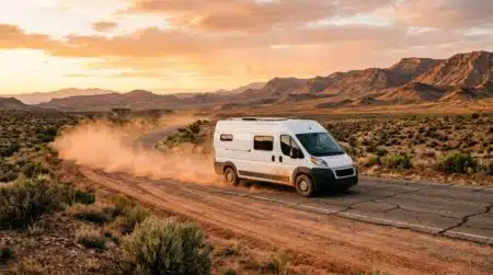 Van électrique roulant sur une route désertique au coucher du soleil