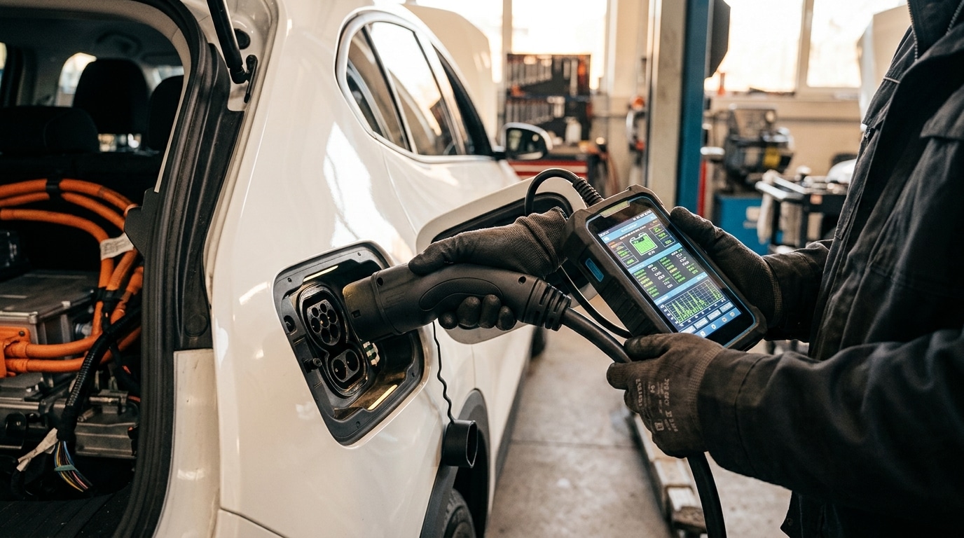 Technicien inspectant le port de recharge d'un véhicule électrique
