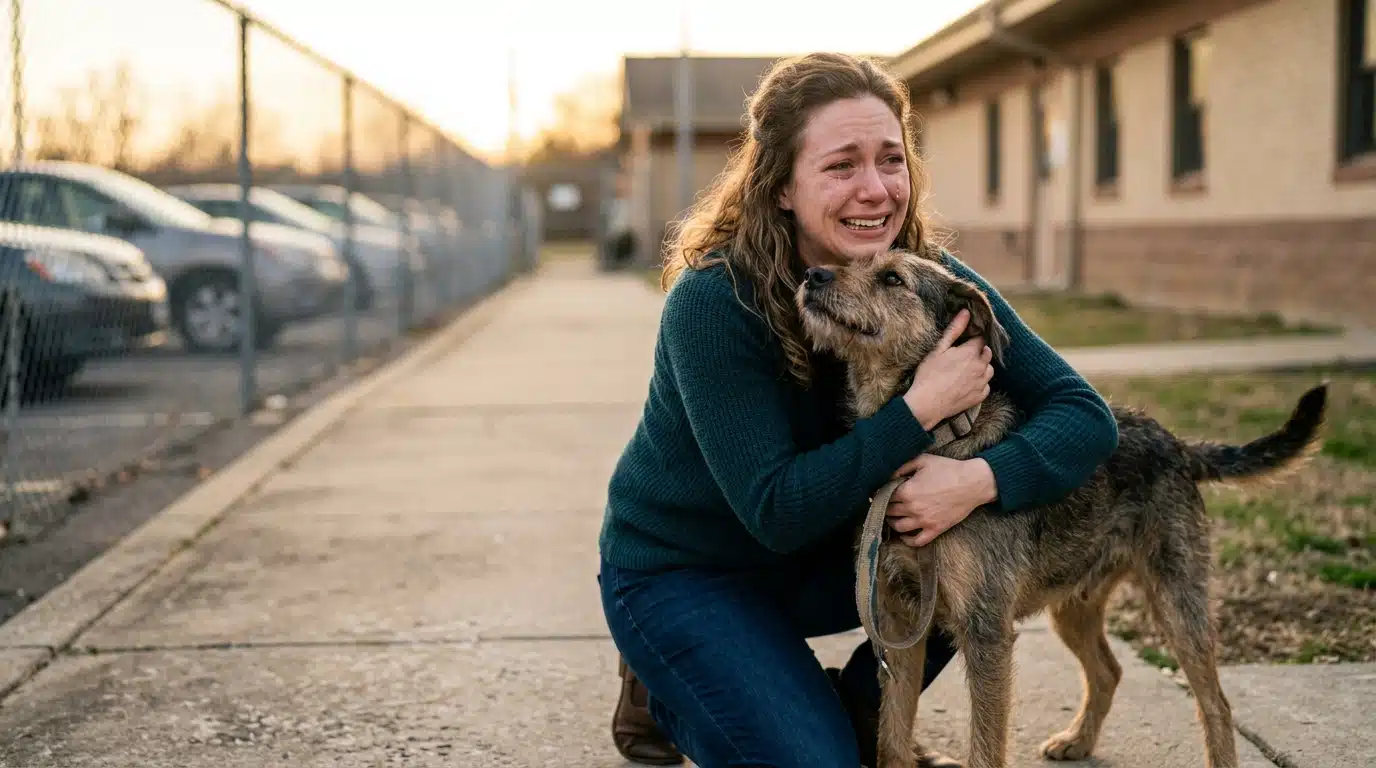 Femme émue enlaçant sa chienne retrouvée dehors