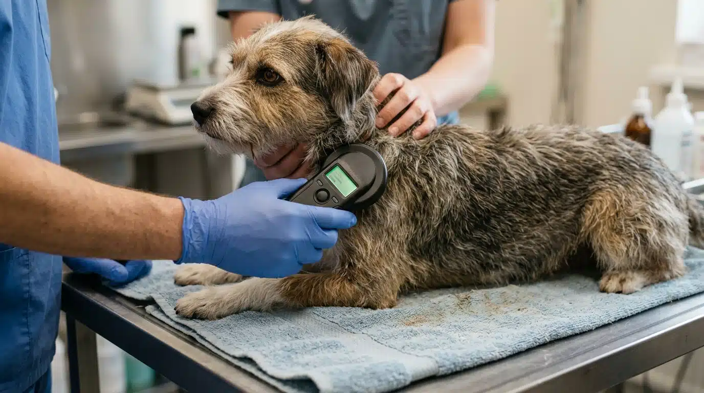 Vétérinaire scannant la puce électronique d'un chien