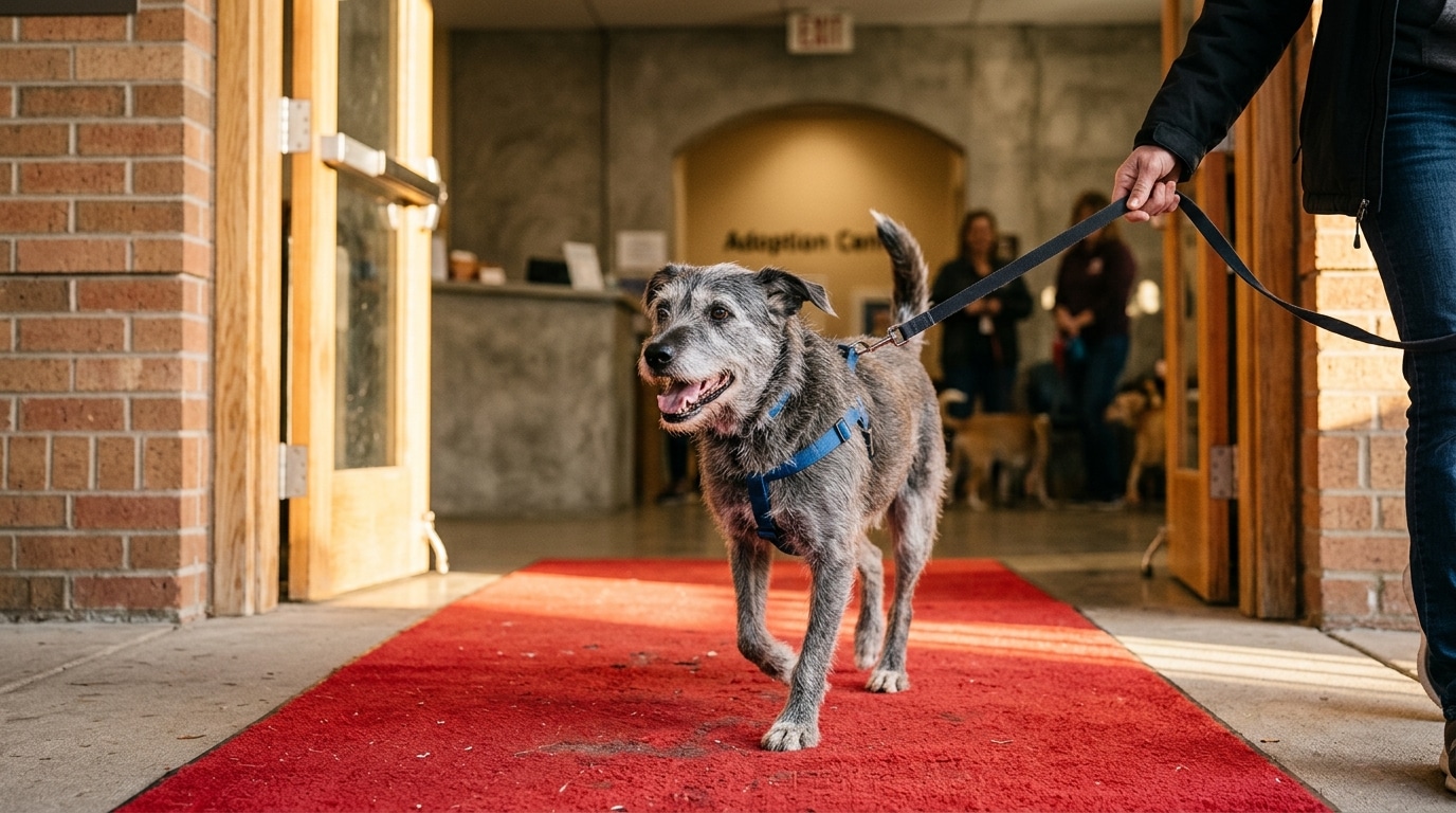 Chienne âgée quittant le refuge sur un tapis rouge