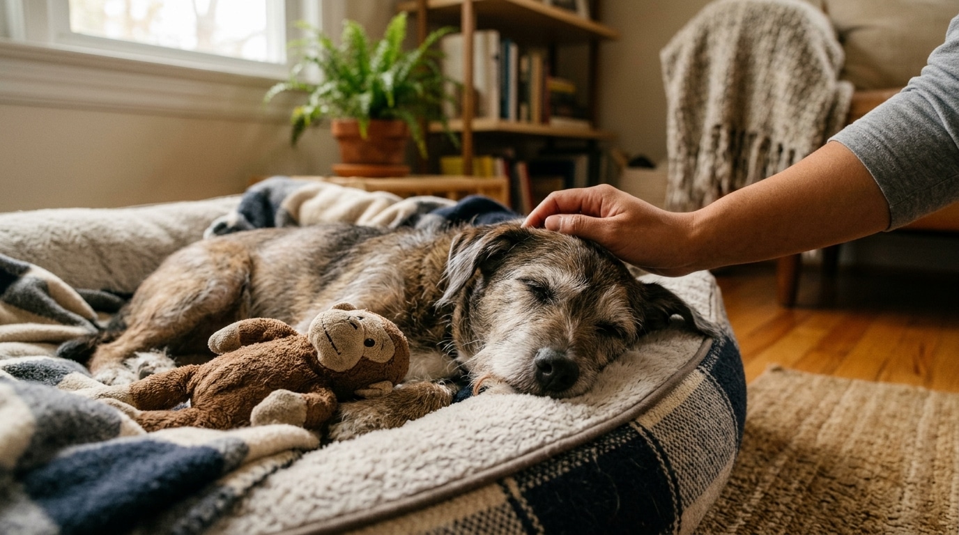 Chienne senior câlinée sur un lit douillet chez elle